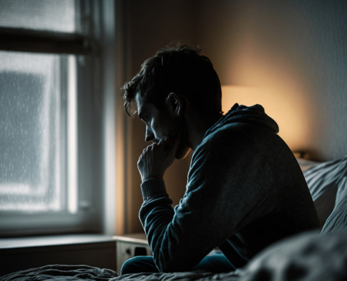 Depressed man heartbroken sitting alone in bed