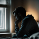 Depressed man heartbroken sitting alone in bed